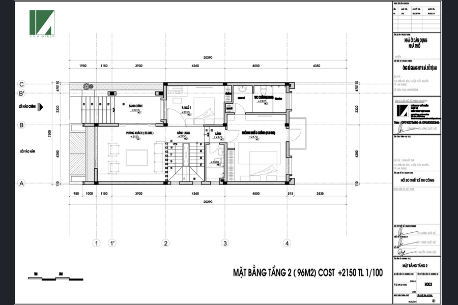 Mặt bằng tầng 2 Biệt thự mini 3 tầng hiện đại